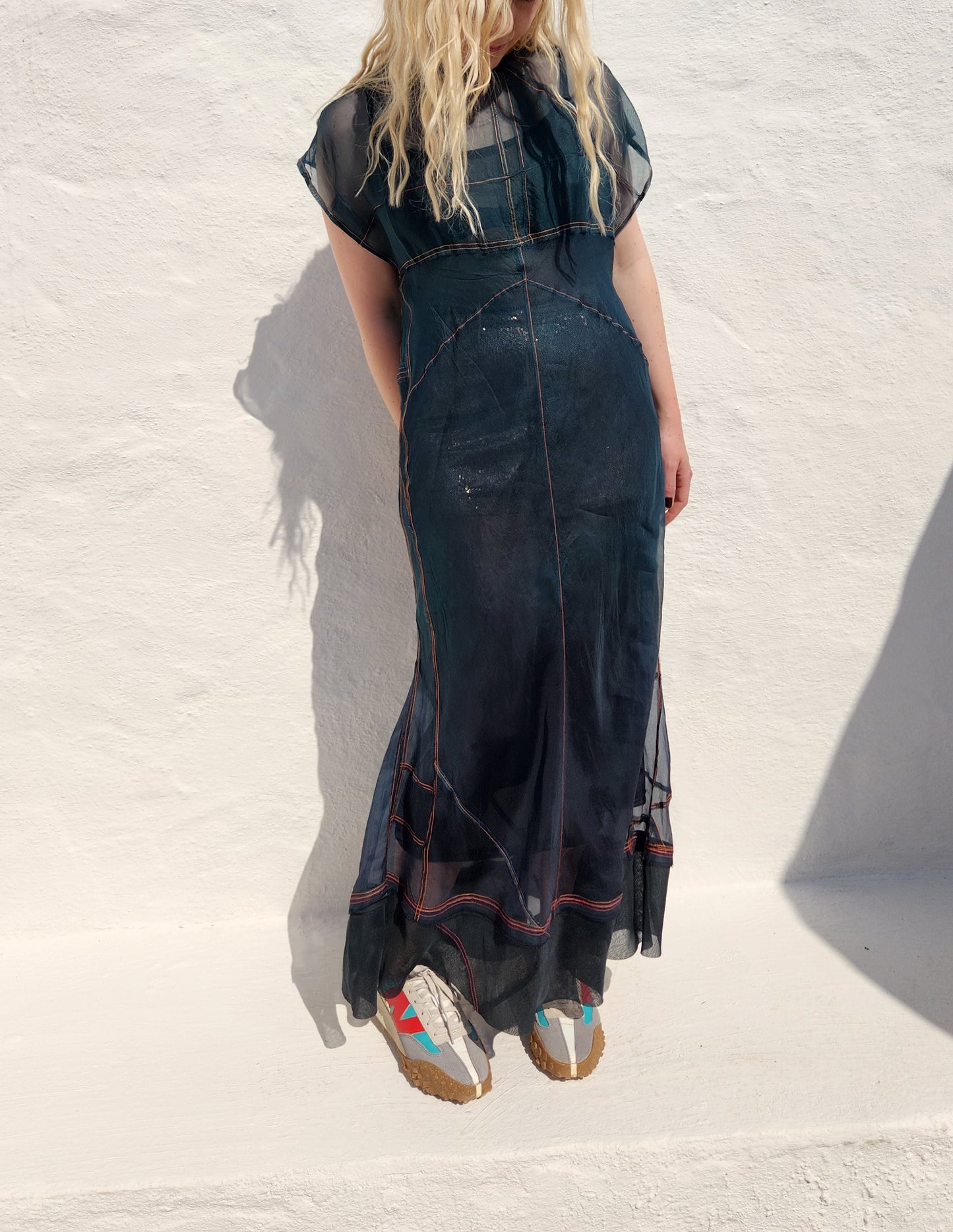 PATCHED PETROL BIAS CUT DRESS