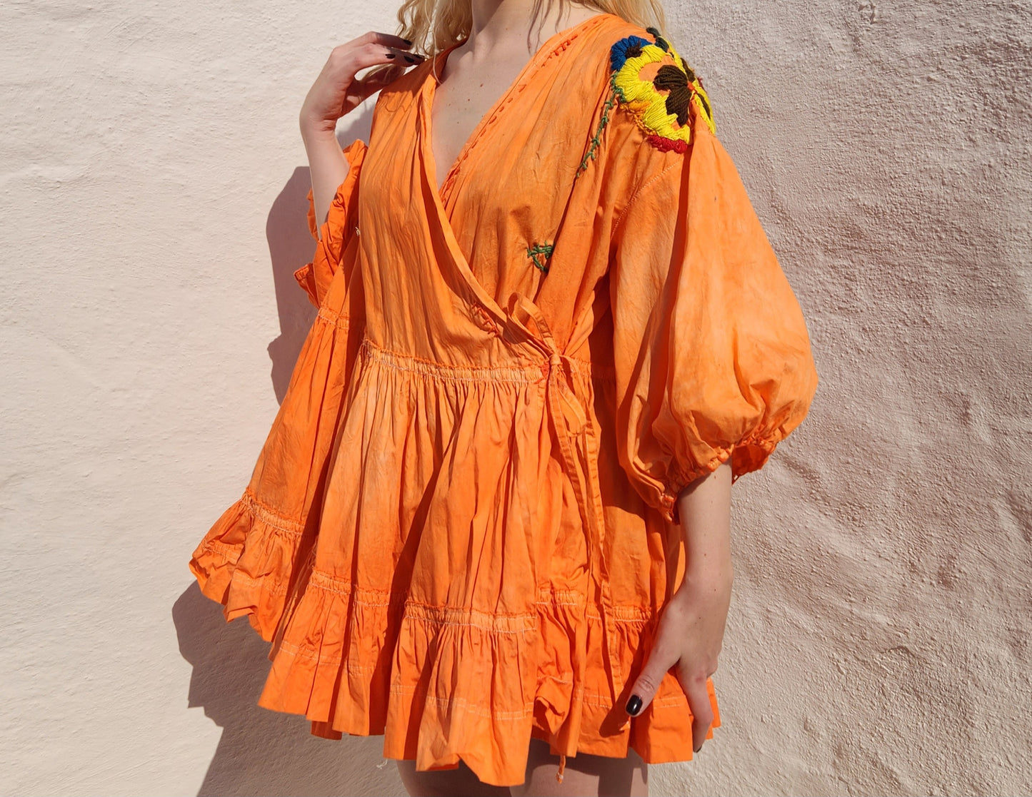 HAND DYED COTTON WRAP DRESS - Orange 01
