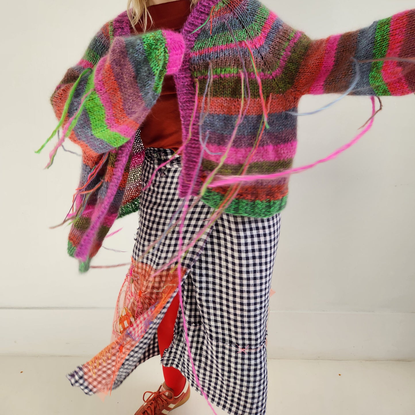 Merino wool Balloon sleeve stripe cardigan