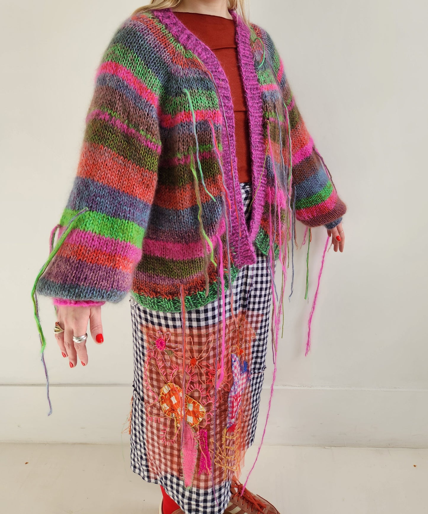 Merino wool Balloon sleeve stripe cardigan