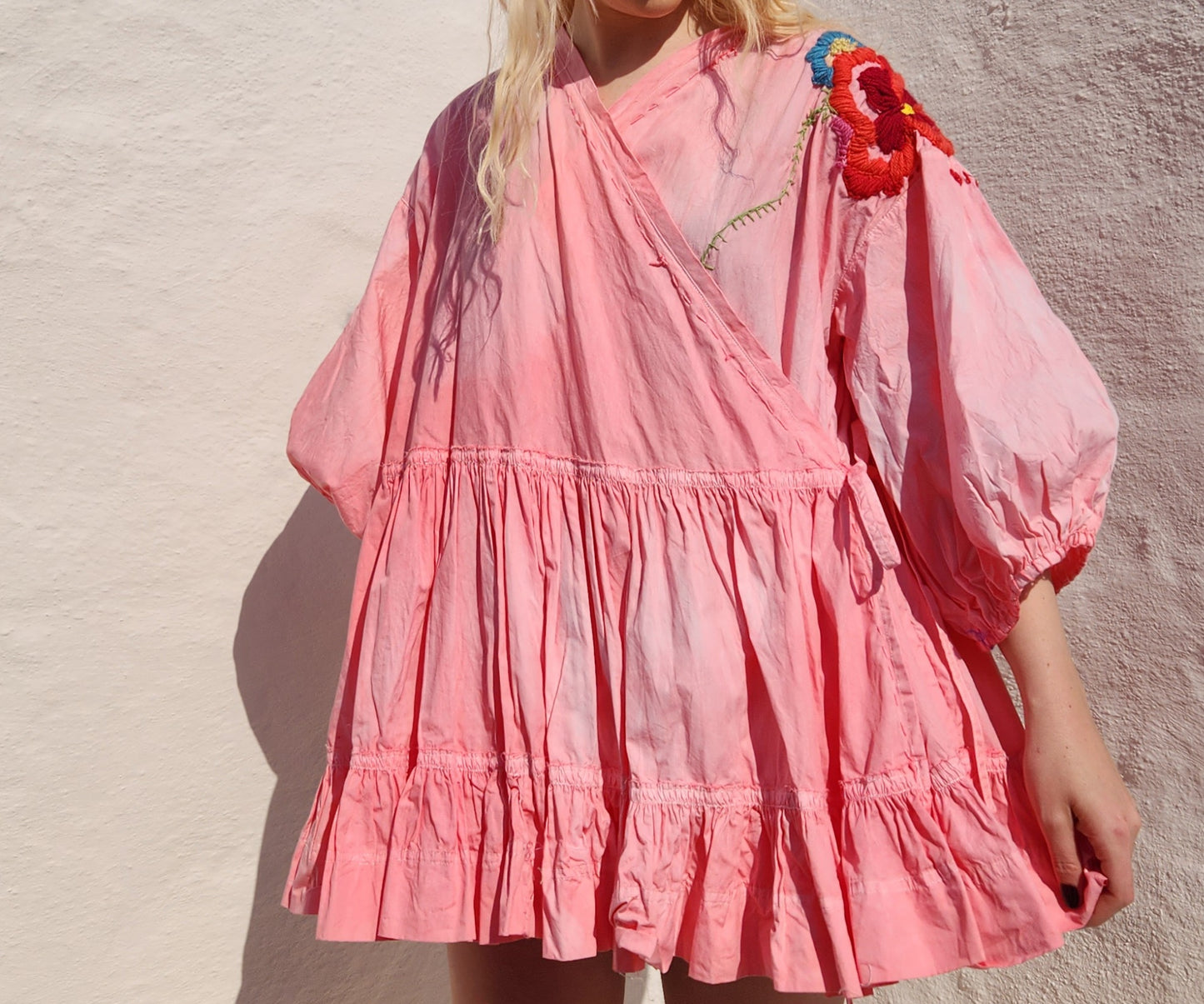 HAND DYED COTTON WRAP DRESS - Pink 02