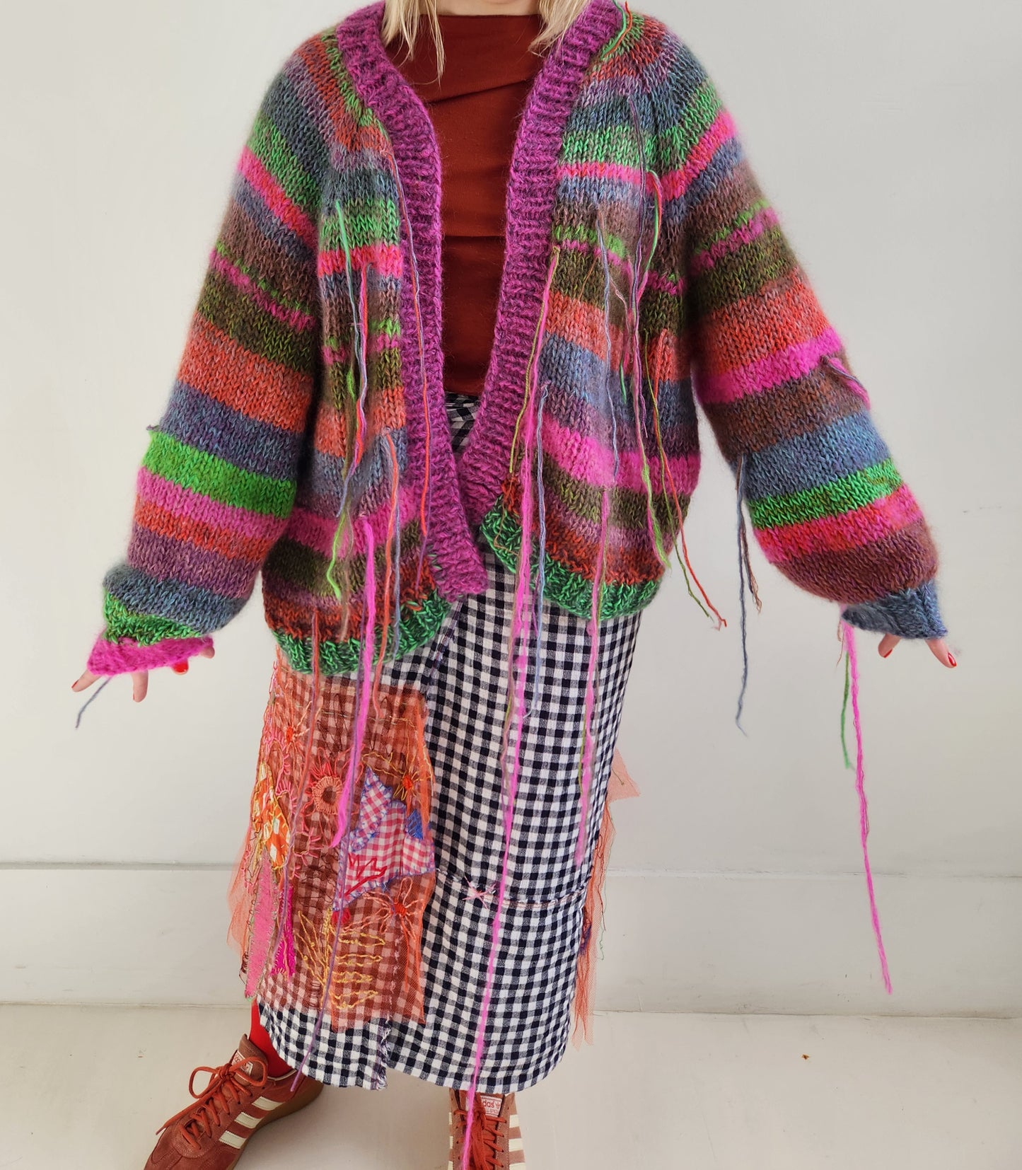 Merino wool Balloon sleeve stripe cardigan