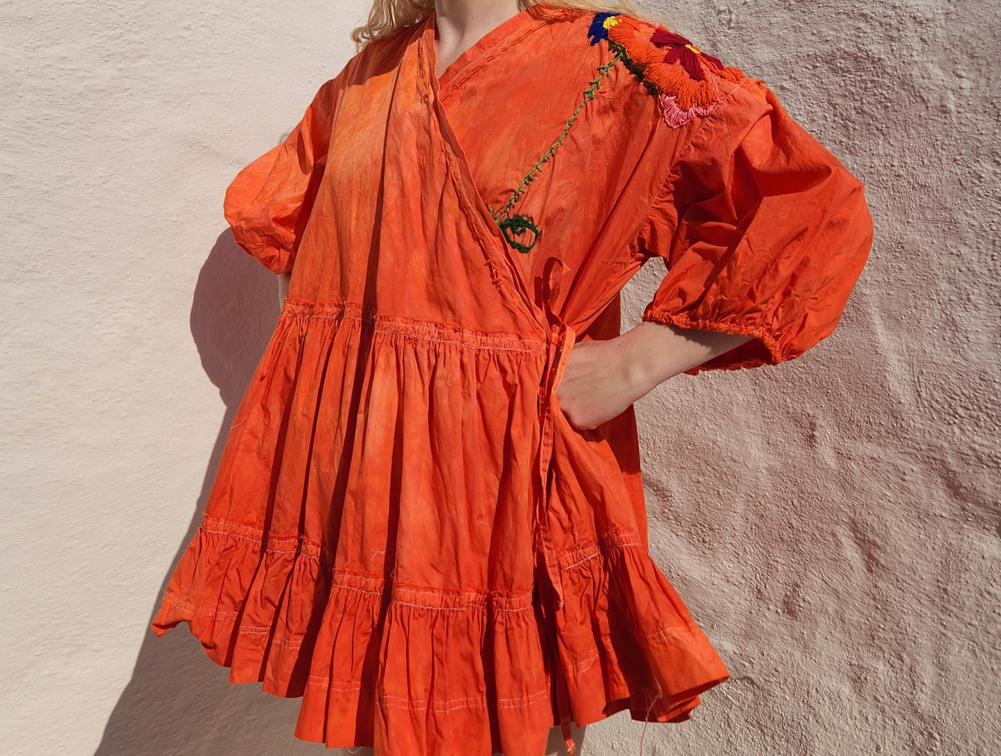 HAND DYED COTTON WRAP DRESS - Orange 02