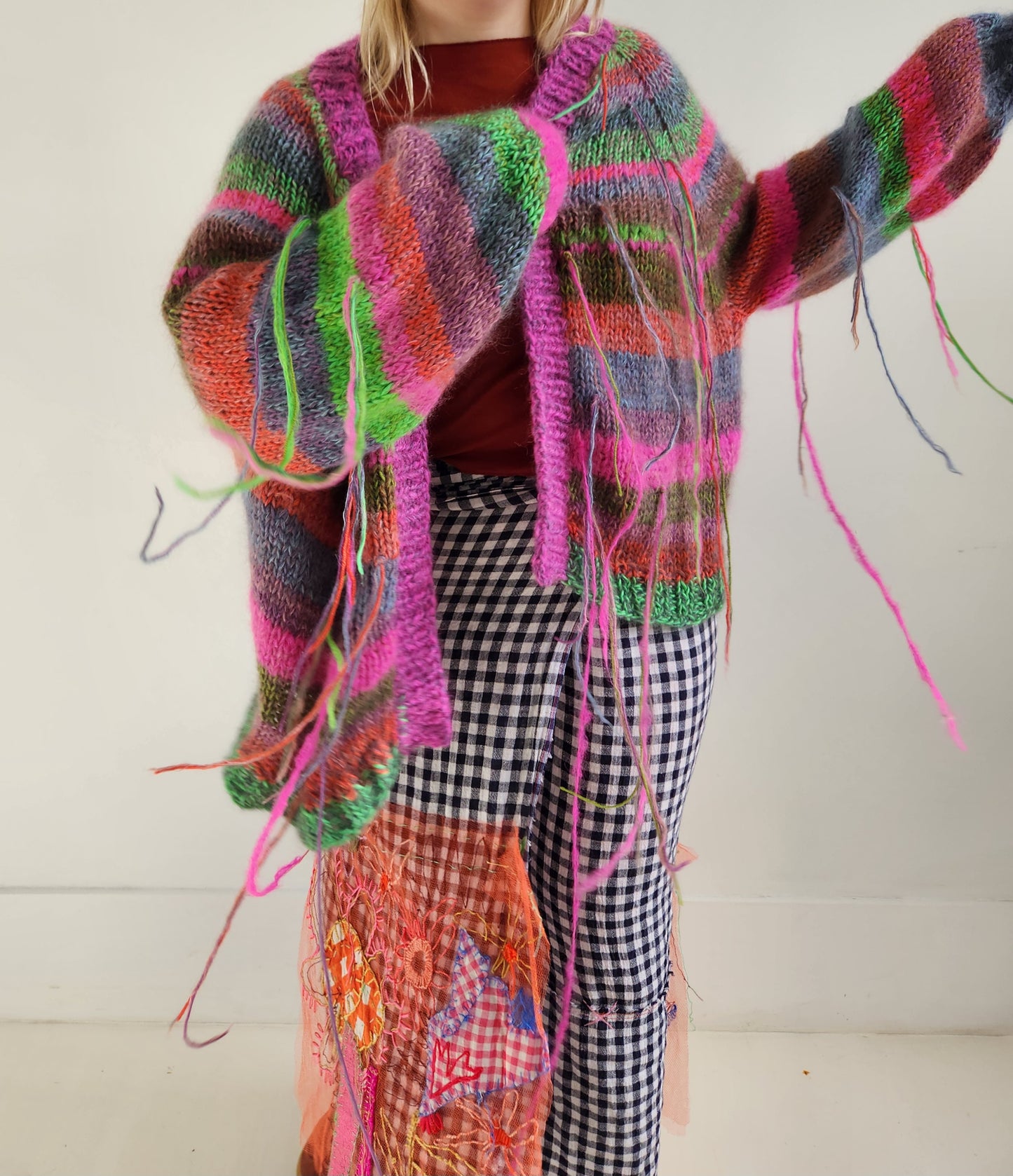 Merino wool Balloon sleeve stripe cardigan