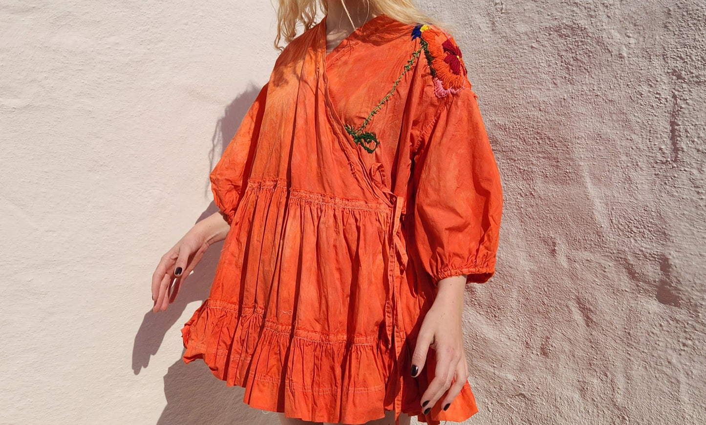HAND DYED COTTON WRAP DRESS - Orange 02