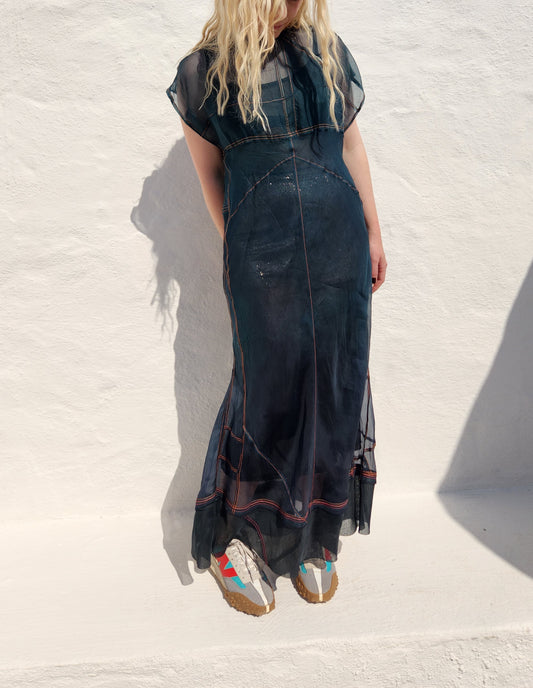 PATCHED PETROL BIAS CUT DRESS