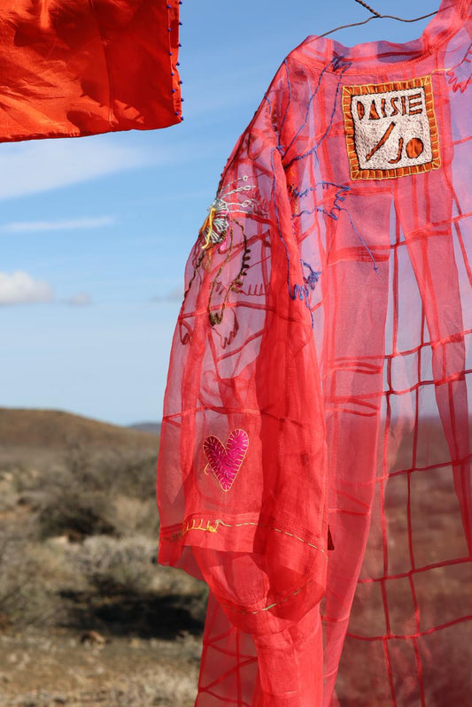 Pink patched silk organza kimono