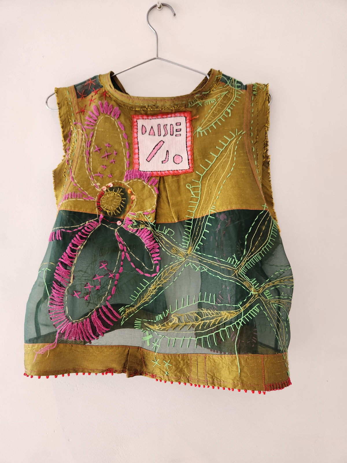 Hand embroidered green silk top