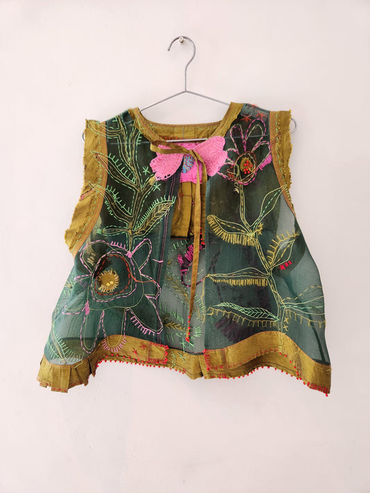 Hand embroidered green silk top