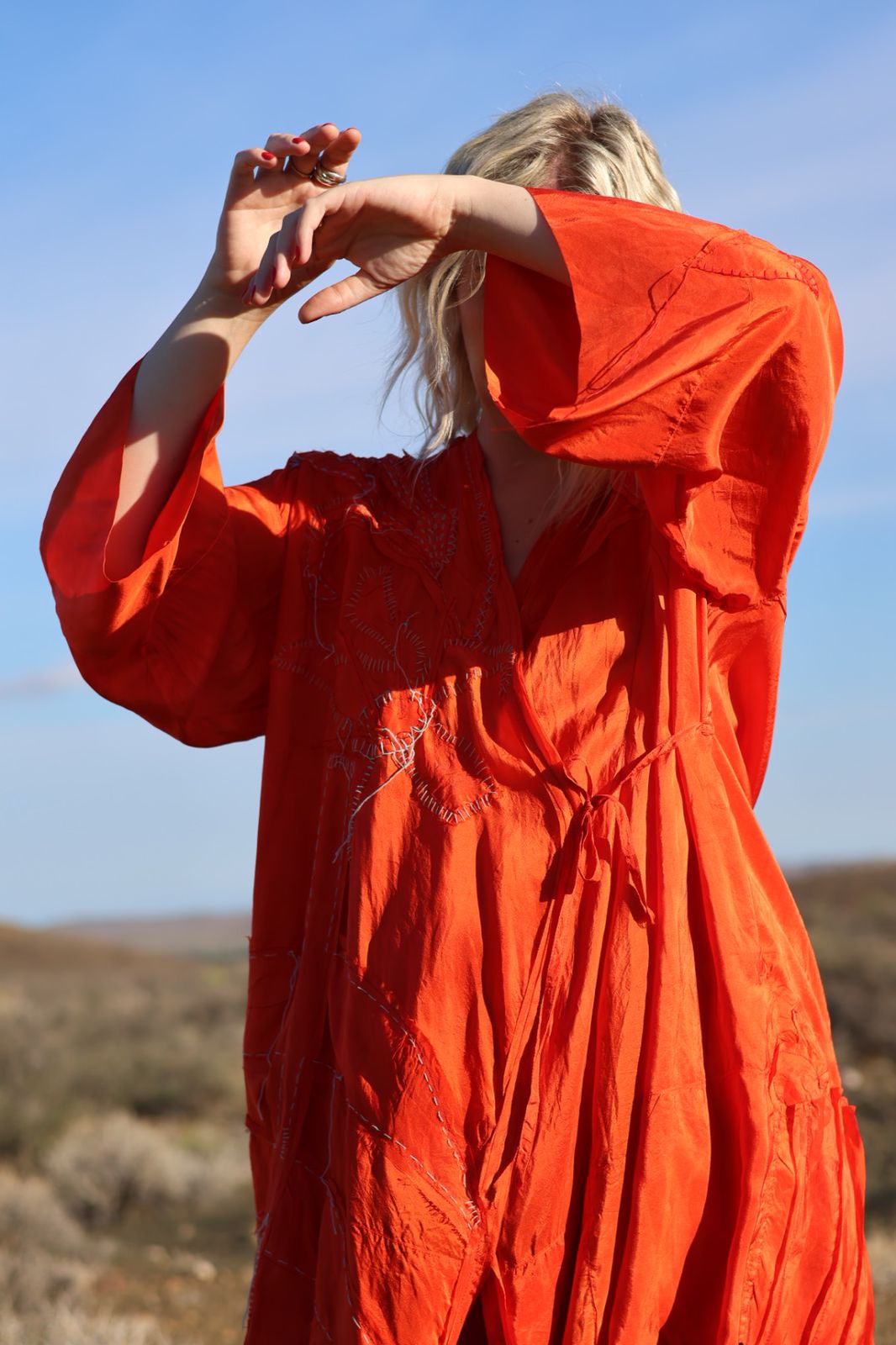 Blood orange silk wrap dress