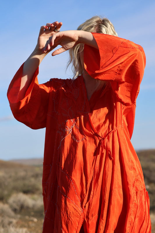 Blood orange silk wrap dress