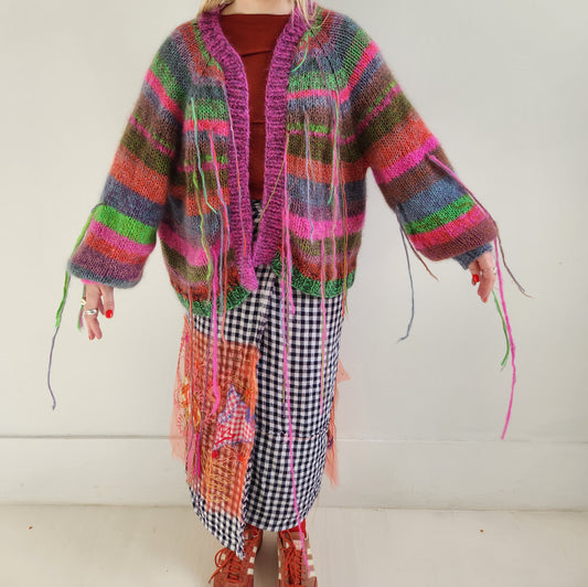 Merino wool Balloon sleeve stripe cardigan