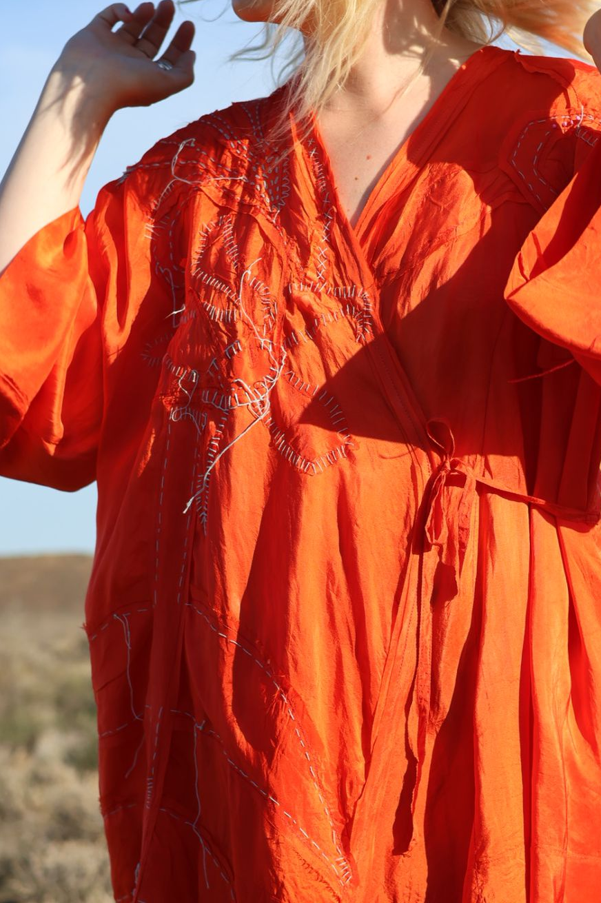 Blood orange silk wrap dress