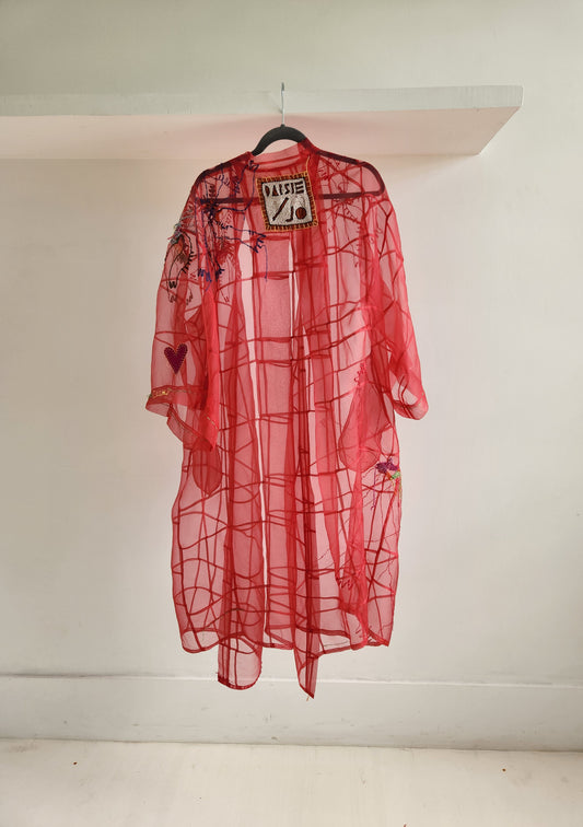 Pink patched silk organza kimono