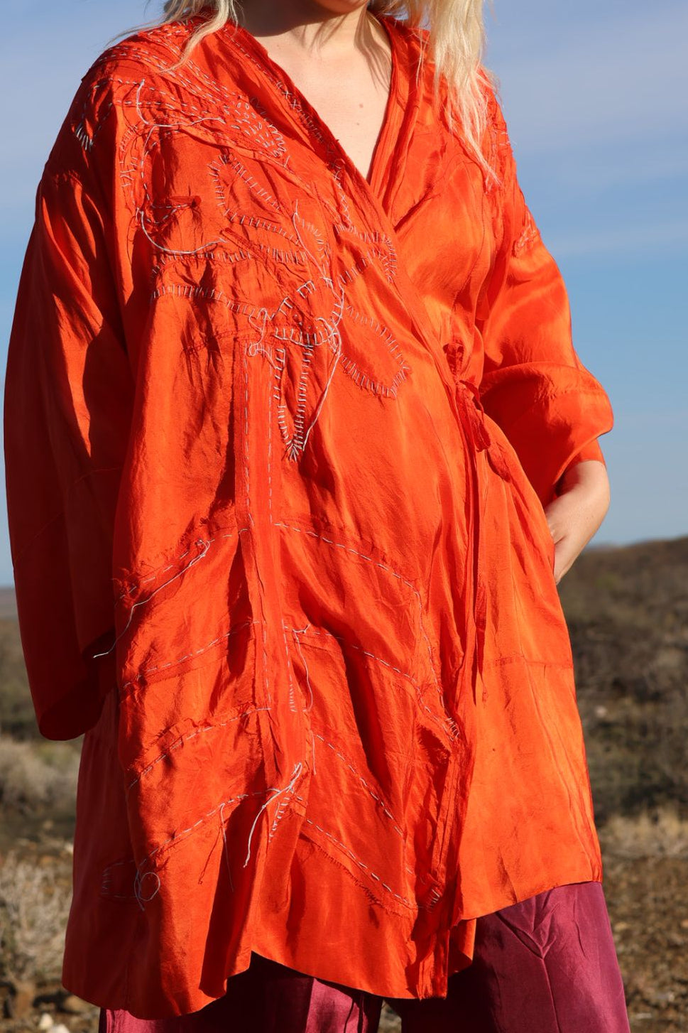 Blood orange silk wrap dress