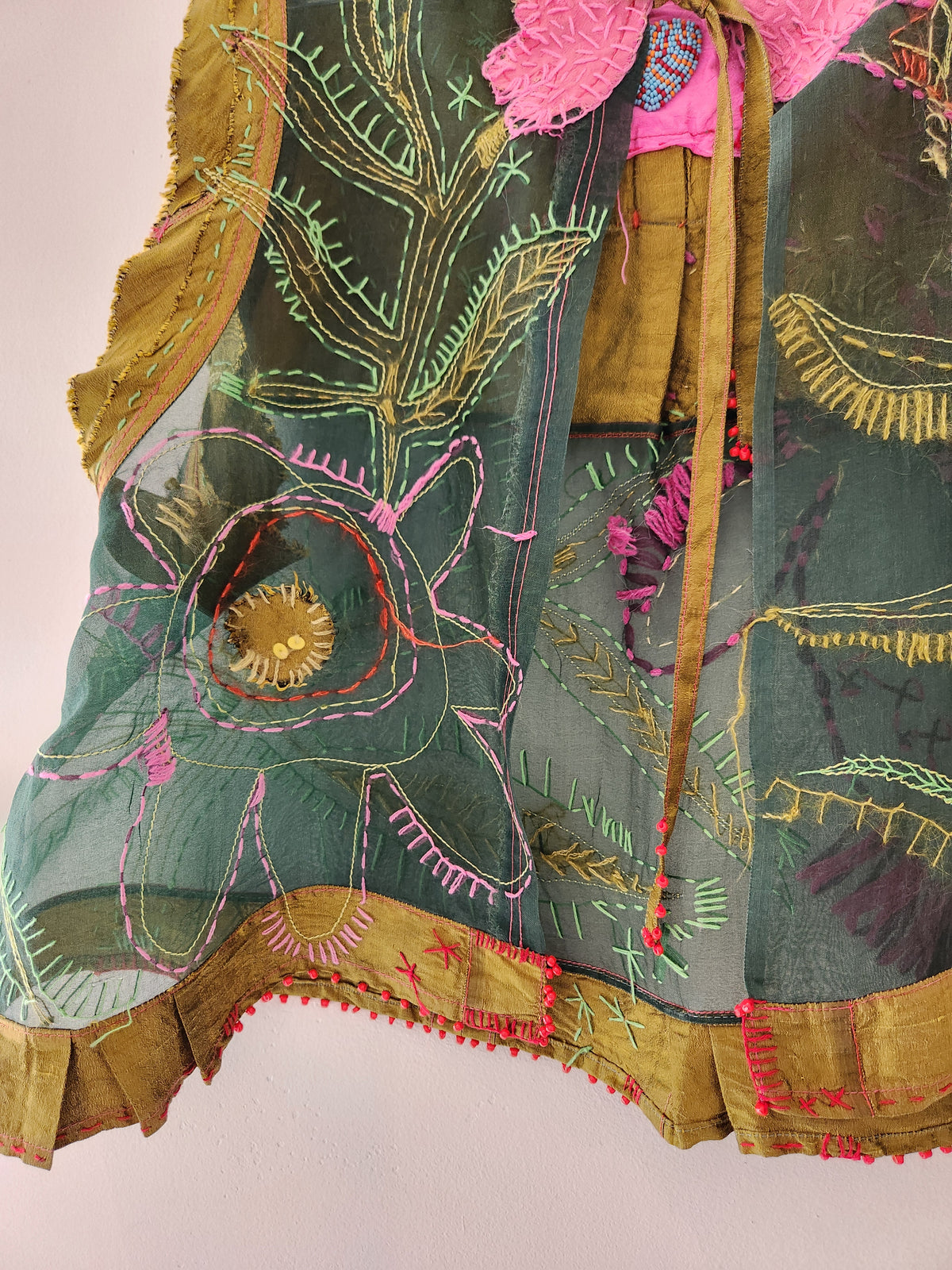 Hand embroidered green silk top